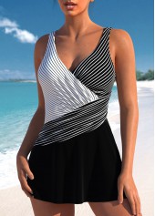 Striped Surplice Black One Piece Swimdress