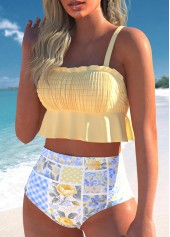 Floral Print Smocked Light Yellow Bikini Set