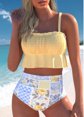 Floral Print Smocked Light Yellow Bikini Set