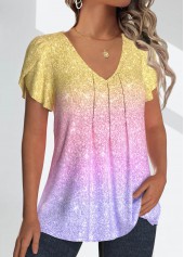 Ombre Tuck Stitch Multi Color Short Sleeve T Shirt