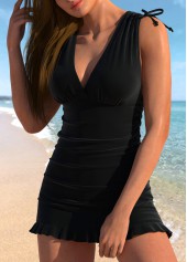 Wide Strap Ruched Black Swimdress Top-No Bottom