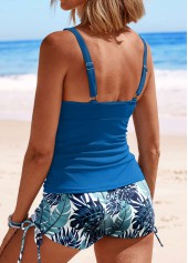Plants Print Split Denim Blue Tankini Set