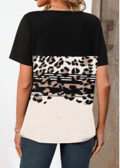 Leopard Button Black Short Sleeve Split Neck T Shirt