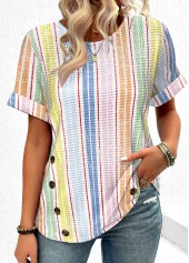 Striped Button Multi Color Short Sleeve T Shirt