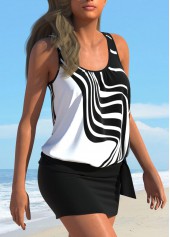 Geometric Print Bowknot Black Tankini Set