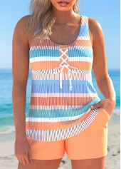 Multi Stripe Print Lace Up Orange Tankini Set