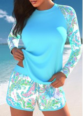 Plus Size Cyan Paisley Print Patchwork Tankini Set