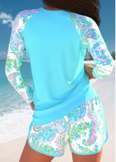 Plus Size Cyan Paisley Print Patchwork Tankini Set