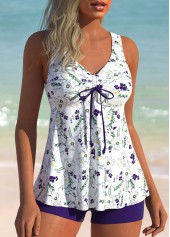 Floral Print Ruched Purple Tankini Set