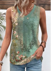Tribal Print Patchwork Green Sleeveless V Neck T Shirt