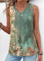 Tribal Print Patchwork Green Sleeveless V Neck T Shirt