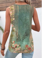 Tribal Print Patchwork Green Sleeveless V Neck T Shirt