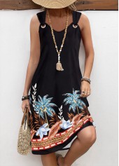 Leaf Print Circular Ring Black A Line Sleeveless Dress