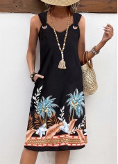 Leaf Print Circular Ring Black A Line Sleeveless Dress