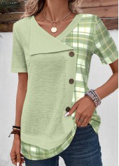 Plaid Patchwork Light Green Short Sleeve V Neck Blouse
