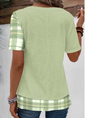 Plaid Patchwork Light Green Short Sleeve V Neck Blouse