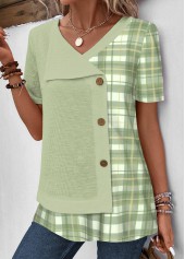Plaid Patchwork Light Green Short Sleeve V Neck Blouse