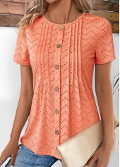 Tuck Stitch Orange Short Sleeve Round Neck T Shirt