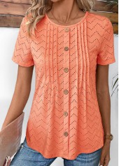 Tuck Stitch Orange Short Sleeve Round Neck T Shirt