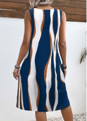 Wave Pattern Print Pocket Peacock Blue A Line Dress