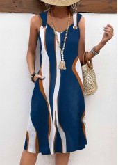 Wave Pattern Print Pocket Peacock Blue A Line Dress