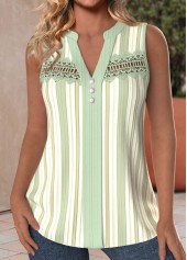 Striped Patchwork Light Green Sleeveless Split Neck Tank Top