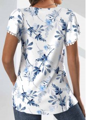 Floral Print Tuck Stitch White Short Sleeve T Shirt