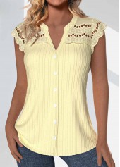 Button Light Yellow Short Sleeve Split Neck Blouse
