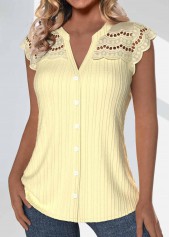 Button Light Yellow Short Sleeve Split Neck Blouse