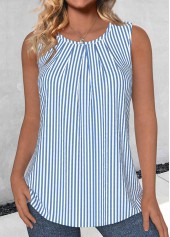 Striped Button Blue Sleeveless Round Neck Tank Top