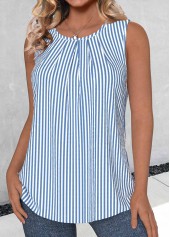 Striped Button Blue Sleeveless Round Neck Tank Top