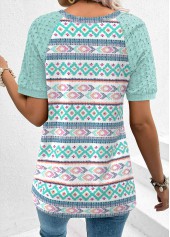 Geometric Print Patchwork Mint Green Short Sleeve T Shirt