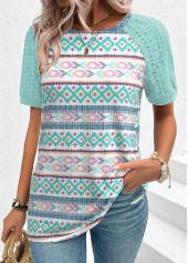Geometric Print Patchwork Mint Green Short Sleeve T Shirt