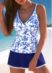 Random Floral Print Surplice Navy Tankini Set