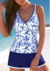 Random Floral Print Surplice Navy Tankini Set