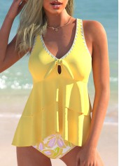 Floral Print Layered Light Yellow Tankini Set