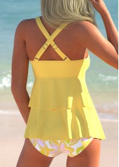 Floral Print Layered Light Yellow Tankini Set