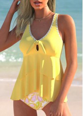 Floral Print Layered Light Yellow Tankini Set