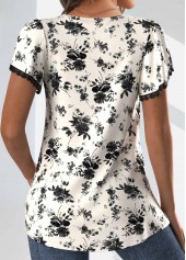 Random Floral Print Ruched Black Short Sleeve T Shirt