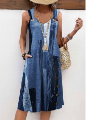 Graffiti Print Circular Ring Denim Blue A Line Dress