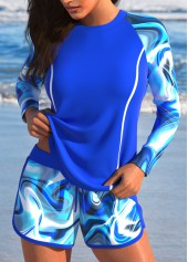 Wave Pattern Print Patchwork Royal Blue Tankini Set
