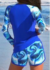 Wave Pattern Print Patchwork Royal Blue Tankini Set