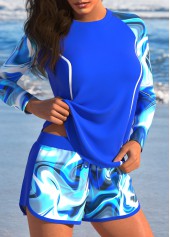 Wave Pattern Print Patchwork Royal Blue Tankini Set