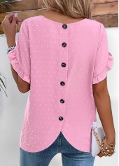 Button Pink Short Sleeve Round Neck Blouse