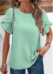 Button Light Green Short Sleeve Round Neck Blouse