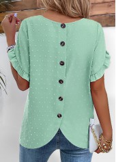 Button Light Green Short Sleeve Round Neck Blouse