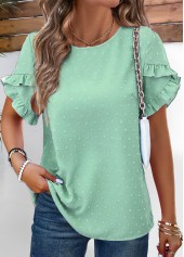 Button Light Green Short Sleeve Round Neck Blouse