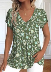 Ditsy Floral Print Embroidery Olive Green T Shirt