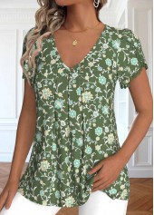 Ditsy Floral Print Embroidery Olive Green T Shirt