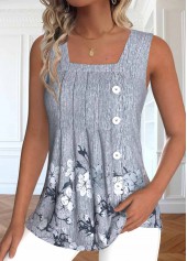 Floral Print Button Light Grey Marl Sleeveless Tank Top
